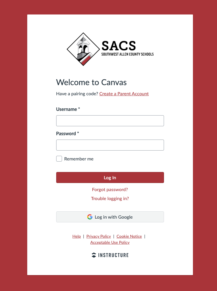 CANVAS login screen
